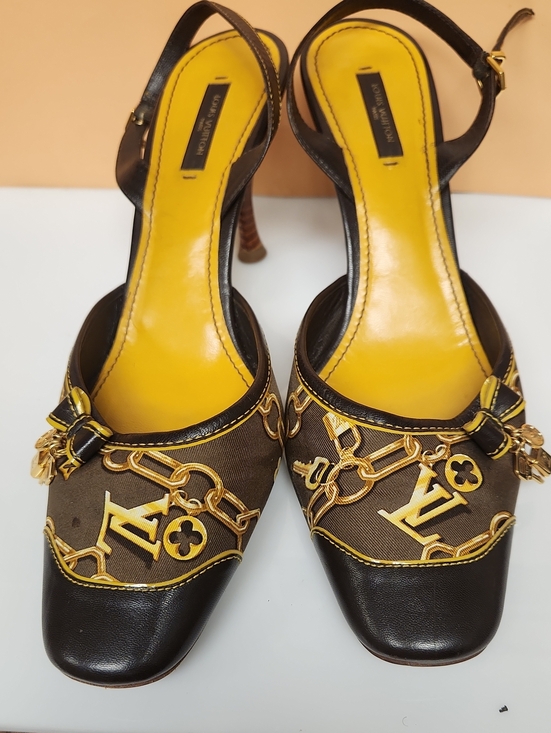Louis Vuitton Shoes - Louis Vuitton Brown & Yellow Monogram Chain Slingback Heels